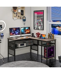 Skonyon L-Shaped Computer Desk with Charging Station and Adjustable Shelf-Gray