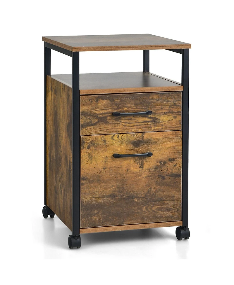 Skonyon 2 Drawer Mobile File Cabinet Printer Stand with Open Shelf for Letter Size-Rustic Brown