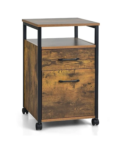 Skonyon 2 Drawer Mobile File Cabinet Printer Stand with Open Shelf for Letter Size-Rustic Brown