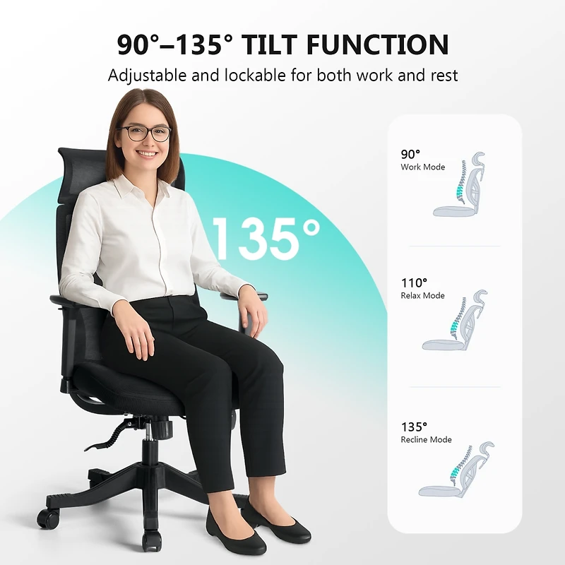 Mesh Office Chair Ergonomic Recliner Chair with 3D Adjustable Armrests & Lumbar Support