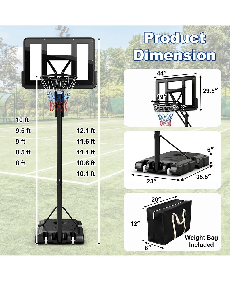 Vebreda Portable Basketball Hoop with 4.6 to 10 Feet 10-Level Height Adjustable