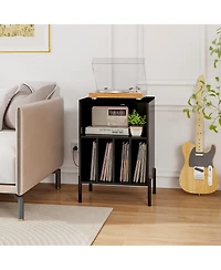 Skonyon Record Player Stand with Record Storage Shelf and Charging Station-Black