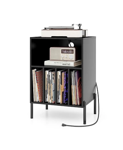 Skonyon Record Player Stand with Record Storage Shelf and Charging Station-Black