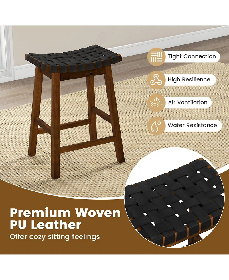 Faux Pu Leather Bar Height Stools Set of 2 with Woven Curved Seat-25 Inches
