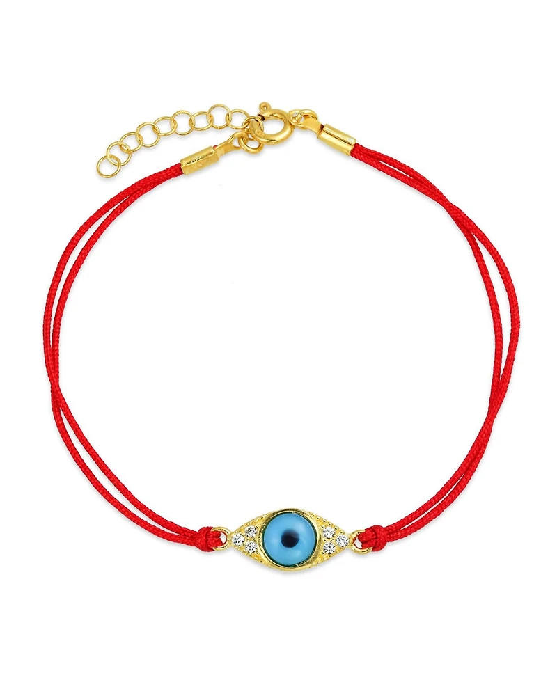 Bling Jewelry Minimalist Delicate Turkish Blue Evil Eye Red String Bracelet Cz Accent Gold Plated Sterling Silver