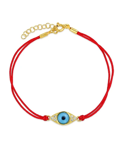 Bling Jewelry Minimalist Delicate Turkish Blue Evil Eye Red String Bracelet Cz Accent Gold Plated Sterling Silver