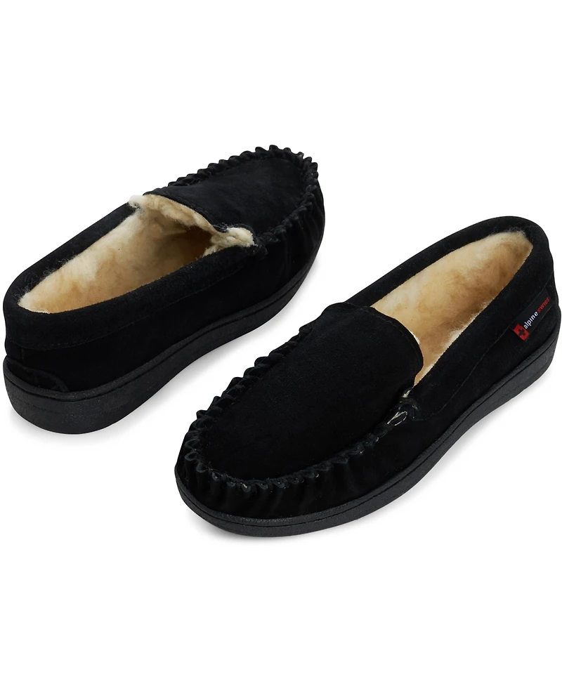 Alpine Swiss Men's Moccasin Slippers Genuine Suede House Shoe Memory Foam Insole Plush Faux Shearling Lining Comfy Indoor Outdoor Anti-Slip Rubber Sol