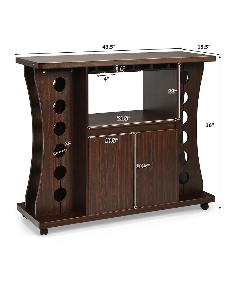 Gymax Rolling Buffet Sideboard Wooden Bar Storage Cabinet w/ Wine Rack & Glass Holder