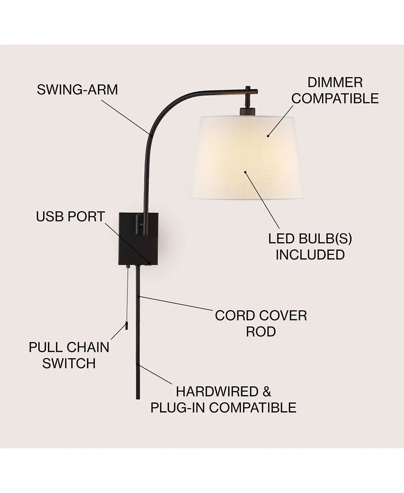 Jonathan Y Gosling 22.5" 1-Light Mid-Century Modern Plug-In or Hardwired Iron Led Gooseneck Swing Arm Wall Sconce with Pull-Chain and Usb Charging Por