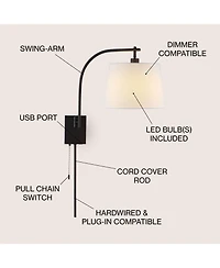 Jonathan Y Gosling 22.5" 1-Light Mid-Century Modern Plug-In or Hardwired Iron Led Gooseneck Swing Arm Wall Sconce with Pull-Chain and Usb Charging Por