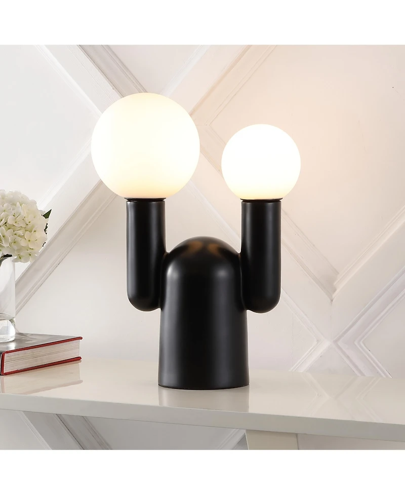 Jonathan Y Leif 19" 2-Light Modern Mid-Century Resin/Iron/Frosted Glass Nordic Cactus Led Table Lamp, Black