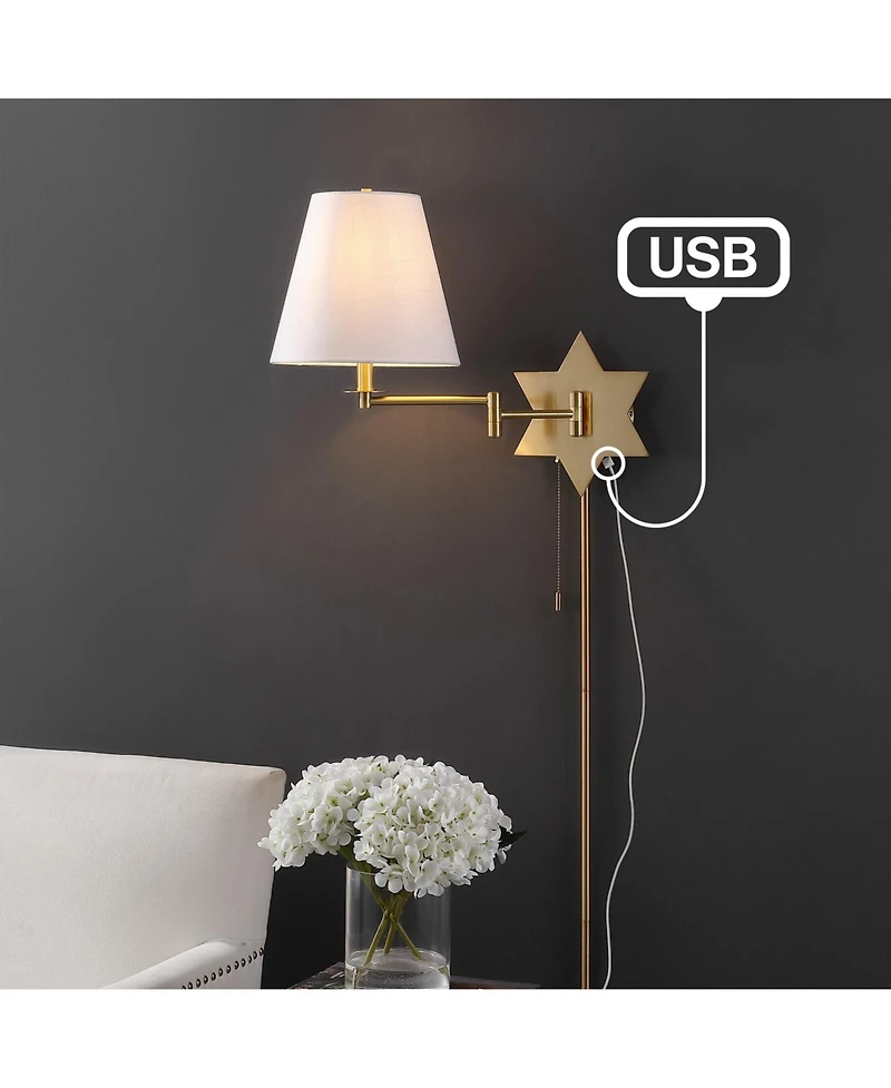 Jonathan Y David 18.5" 1-Light Modern French Country Swing Arm Plug-In or Hardwired Iron Led Star Wall Sconce with Pull-Chain and Usb Charging Port