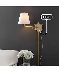 Jonathan Y David 18.5" 1-Light Modern French Country Swing Arm Plug-In or Hardwired Iron Led Star Wall Sconce with Pull-Chain and Usb Charging Port