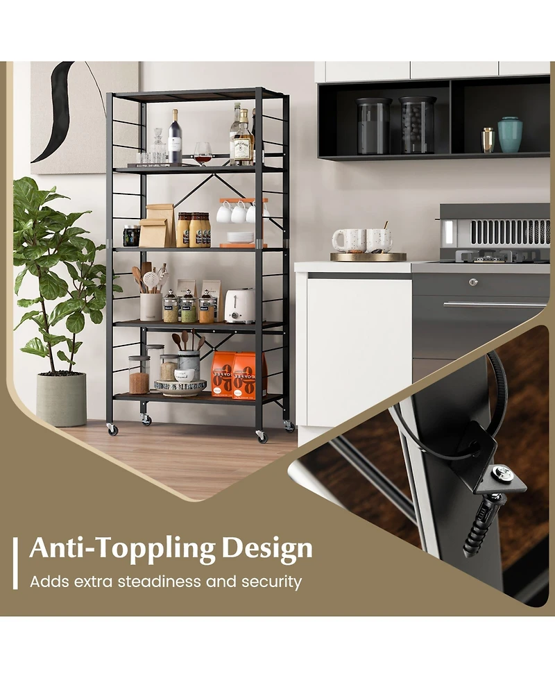 Sugift 5-Tier Foldable Shelving Unit with Detachable Wheels and Anti-Toppling System-Black