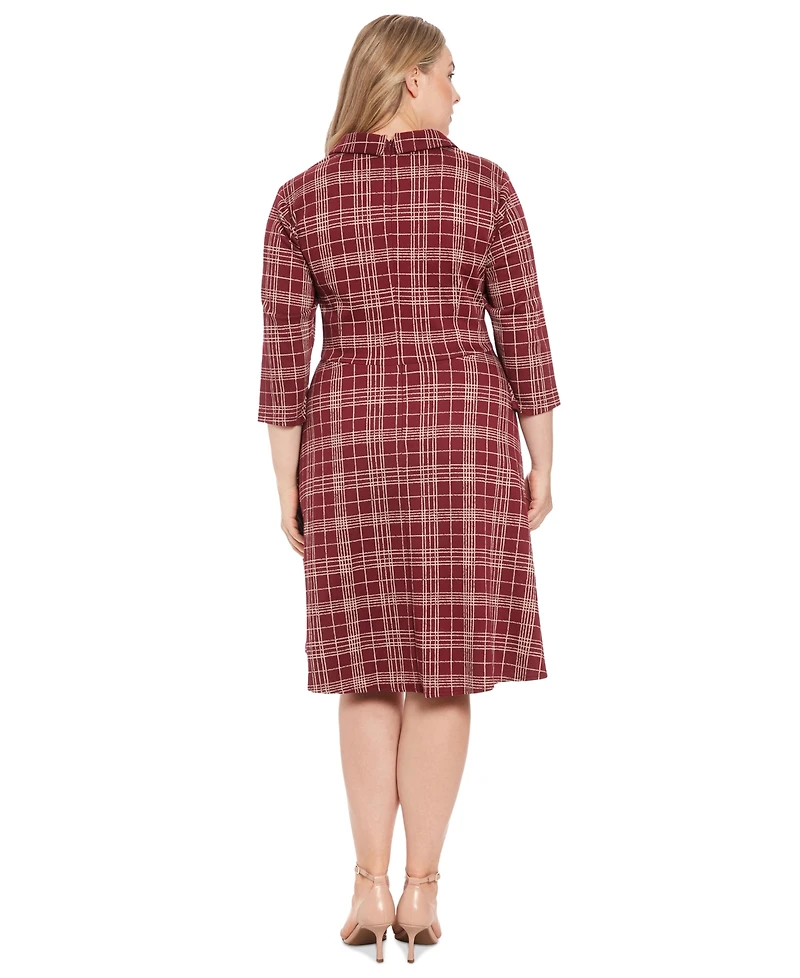 London Times Plus Size Plaid Collared V-Neck 3/4-Sleeve Dress