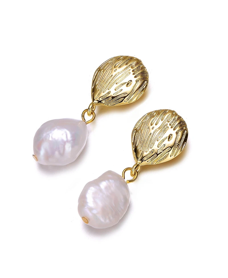 14k Yellow Gold Plated with Baroque Oval Genuine Freshwater White Pearl Coral Reef Dangle Earrings in Sterling Silver