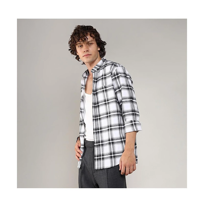 Campus Sutra Men's Chalk White & Midnight Black Brushed Buffalo Check Shirt