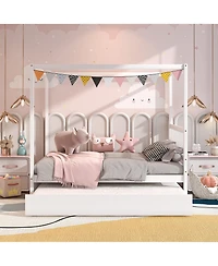 Gymax Full Size Canopy Bed with Trundle Wooden Platform Bed Frame Headboard Grey