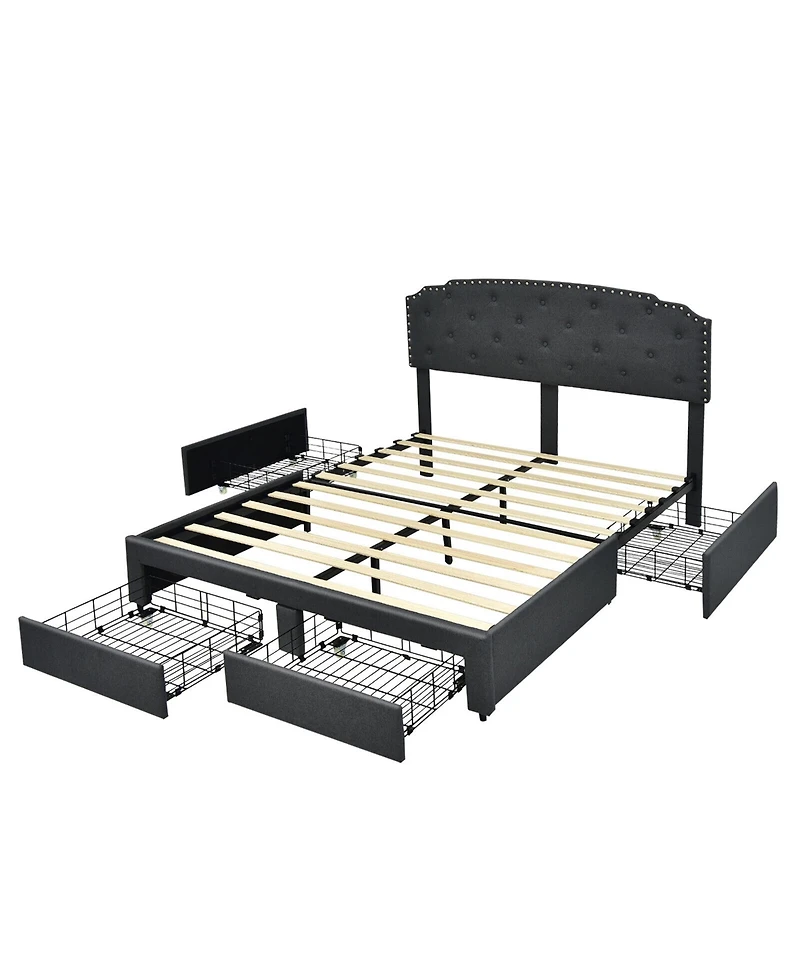 Gymax Full Platform Bed Frame with 4 Storage Drawers Adjustable Headboard Grey
