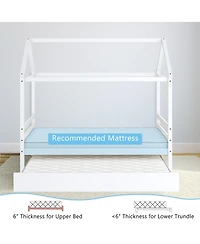 Gymax Twin House Bed Frame w/ Trundle Roof Wooden Platform Mattress Foundation Grey