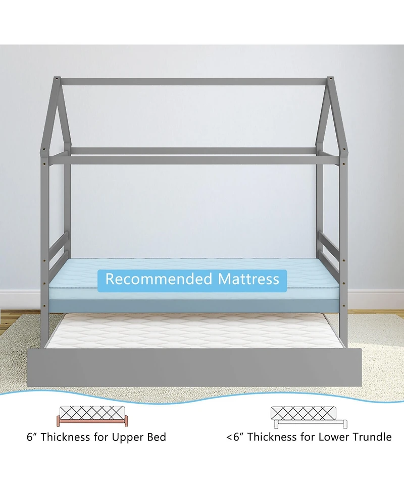 Gymax Twin House Bed Frame w/ Trundle Roof Wooden Platform Mattress Foundation Grey