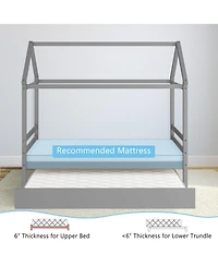 Gymax Twin House Bed Frame w/ Trundle Roof Wooden Platform Mattress Foundation Grey