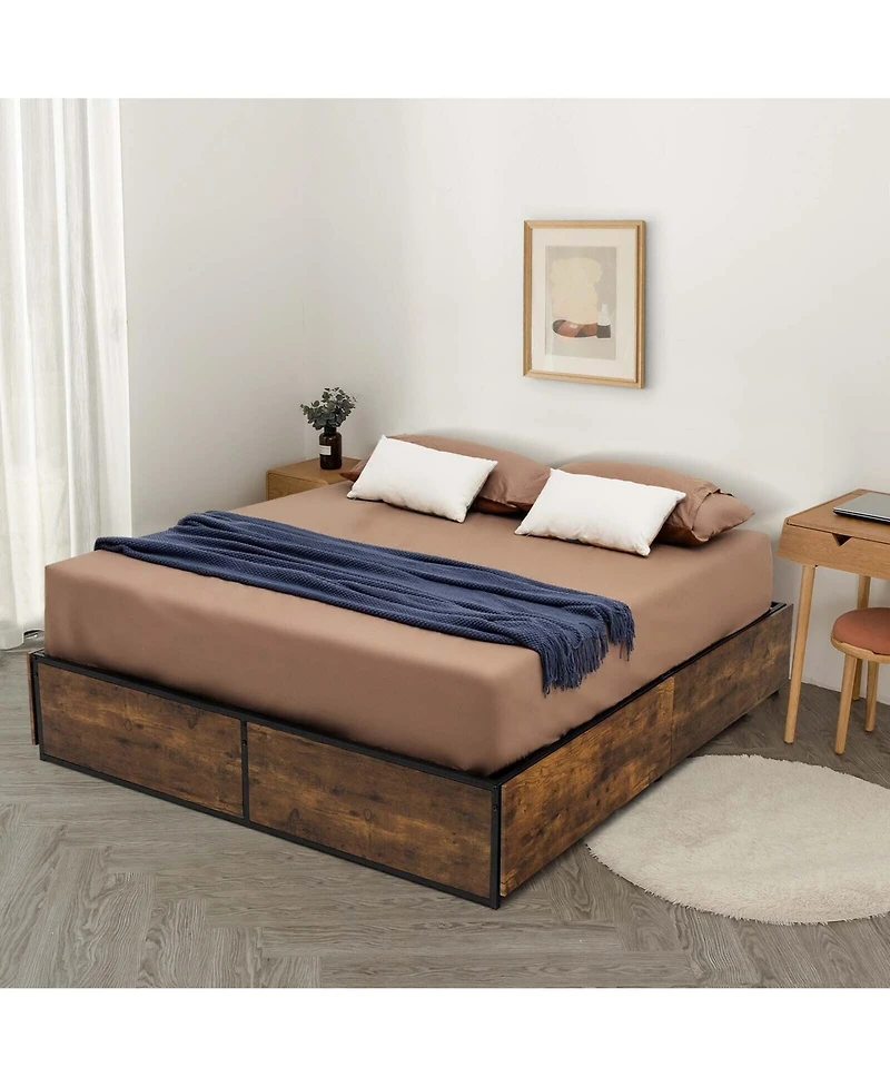 Gymax Full Industrial Metal Platform Bed Frame with 4 Drawers Wooden Footboard