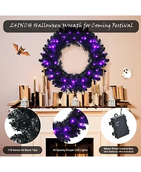 Skonyon 24 Inch Pre-lit Halloween Wreath with 35 Purple Led Lights