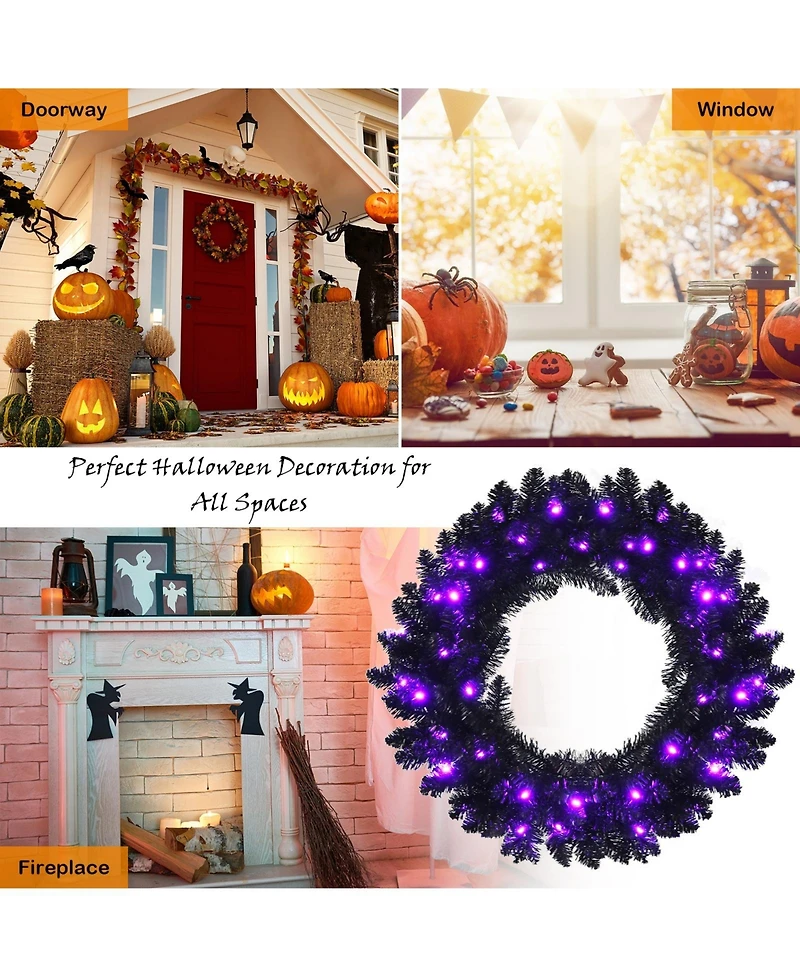 Skonyon 24 Inch Pre-lit Halloween Wreath with 35 Purple Led Lights