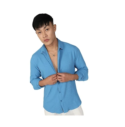 Men's Sky Blue Textured Micro Buffalo Check Shirt