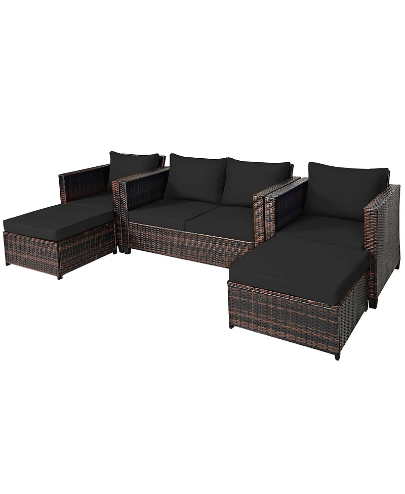 5PCS Patio Rattan Furniture Set Loveseat Sofa Ottoman Cushioned