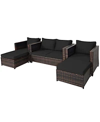5PCS Patio Rattan Furniture Set Loveseat Sofa Ottoman Cushioned