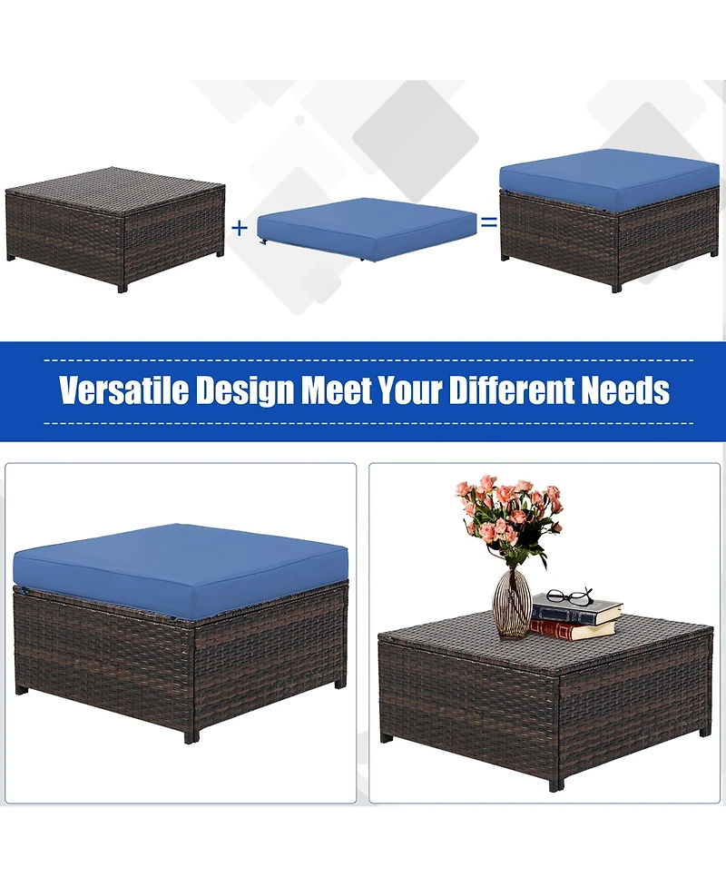 5PCS Patio Rattan Furniture Set Loveseat Sofa Ottoman Cushioned