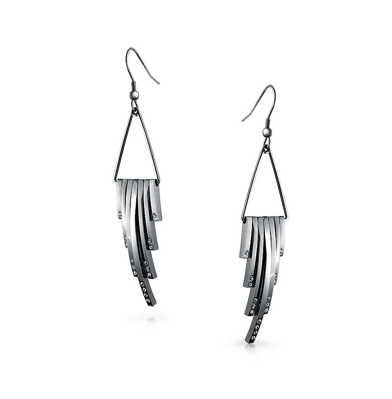 Bling Jewelry Geometric Art Deco Style Long Bars Dangle Statement Earrings Crystal Accent Stainless Steel