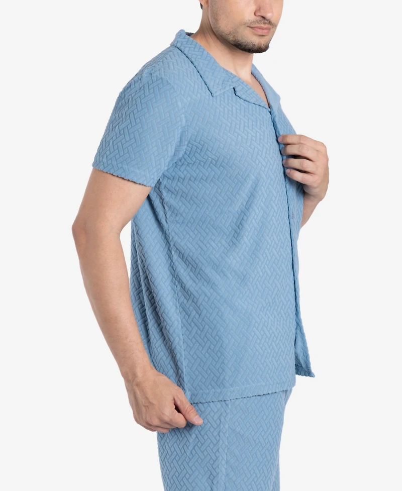 Spring + Mercer Men's Casual Textured Camp Collar Short Sleeve Button-Up Shirt