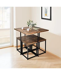 5 Pieces Metal Frame Dining Set with Compact Table and 4 Stools -Walnut