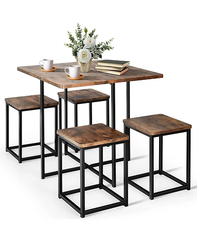 5 Pieces Metal Frame Dining Set with Compact Table and 4 Stools -Walnut