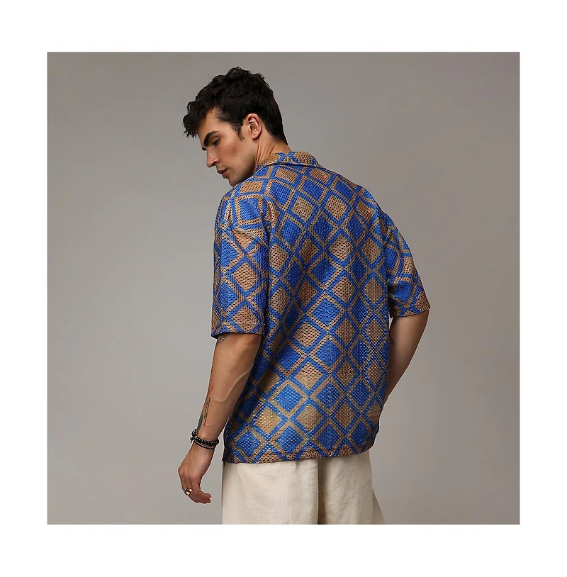 Campus Sutra Men's Royal Blue & Mocha Brown Geometric Block Oversized Shirt