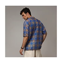 Campus Sutra Men's Royal Blue & Mocha Brown Geometric Block Oversized Shirt