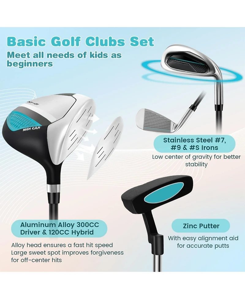 Junior Complete Golf Club Set with Stand Bag Rain Hood-Blue