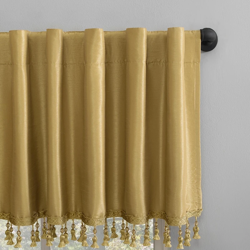 Evelina Faux Dupioni Silk Beaded Tassels Thermal Extreme 100% Blackout Back Tab Curtain Valance