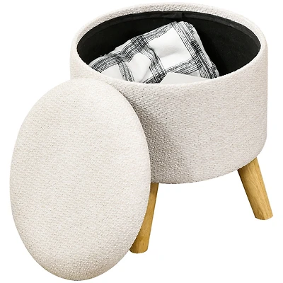 Storage Ottoman, Round Stool Chair with Cushioned Top, Cream White