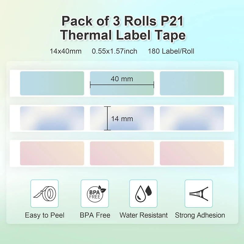 Nelko P21 Genuine Adhesive Green/Blue/Pink Paper 14x40mm (0.55"x1.57") 180 Labels/Roll, 3 Roll, for Home Office School Organization, Gift for Decorati