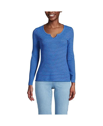 Lands' End Women's Lightweight Waffle Long Sleeve Notch Neck T-Shirt