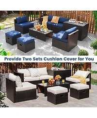 8 Pcs Outdoor Wicker Furniture Set with Storage Box Tempered Glass Table 2 Ottomans