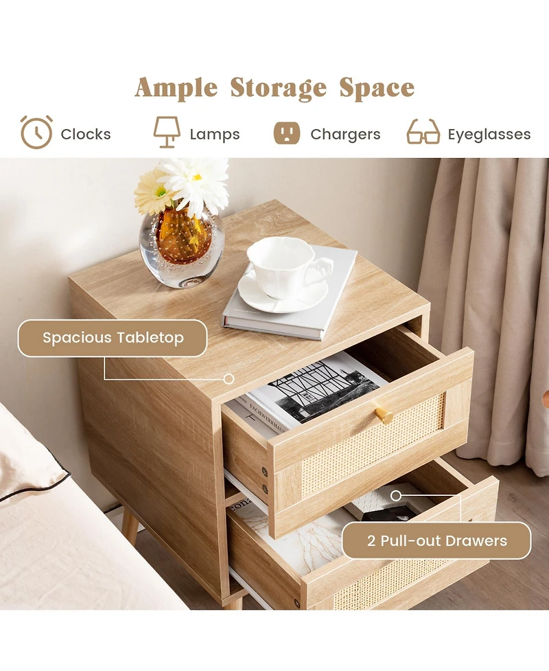 Sugift Rattan Nightstand Boho Accent Bedside Table with 2 Storage Drawers