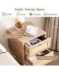 Sugift Rattan Nightstand Boho Accent Bedside Table with 2 Storage Drawers
