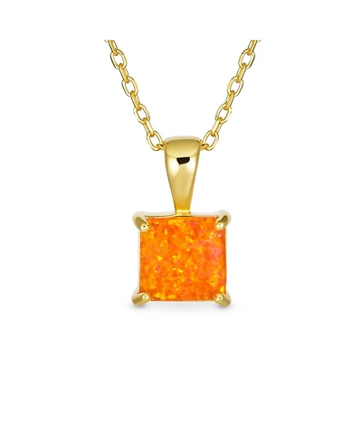 Bling Jewelry Dainty 1.25 Ct Square Solitaire Princess Cut Orange Synthetic Opal Pendant Necklace Gold Plated Sterling Silver