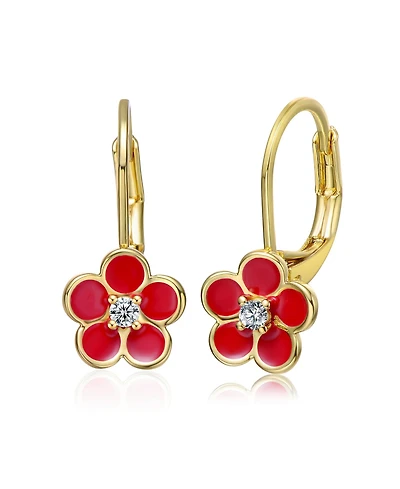 GiGiGirl 14k Yellow Gold Plated with Red Enamel and Cubic Zirconia Flower Dangle Earrings