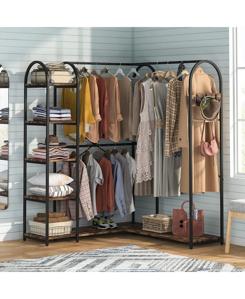 Tribesigns L-Shaped Garment Rack with Shelves, Heavy Duty Corner Clothes Rack with Coat Hooks, Anti-toppling Device, Cloth Hanger Standing Clothing Ra